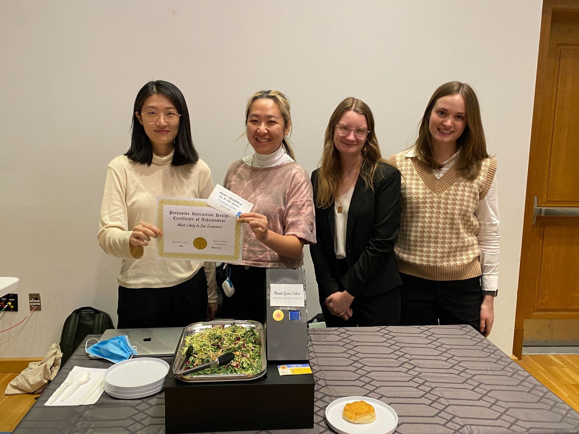 A picture of Group 2 following the in-class live demonstration. Awarded by peers as "Most Likely to Get Investors"